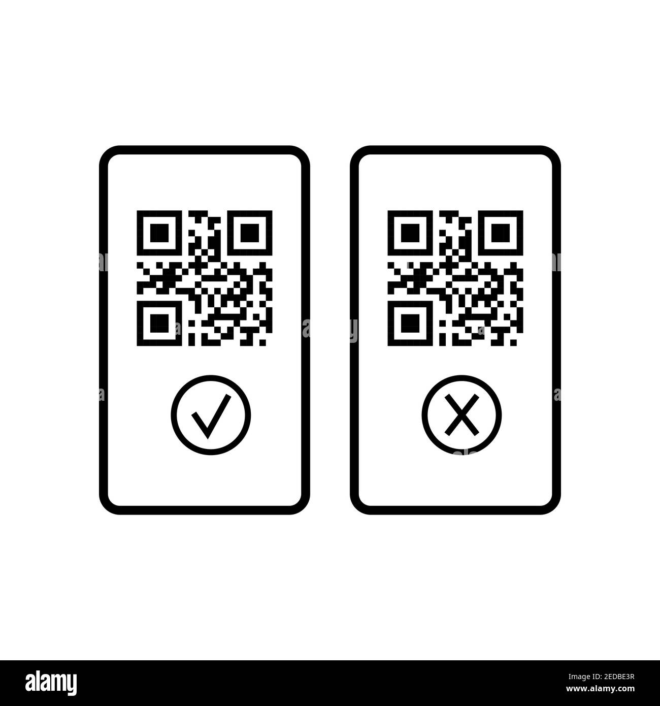 QR-code on mobile phone screen with check mark black icon set. Stock Vector