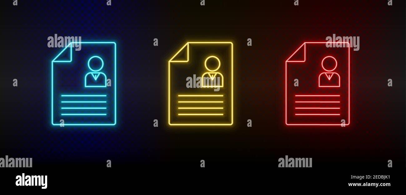 Neon icon set contract, cv. Set of red, blue, yellow neon vector icon Stock Vector