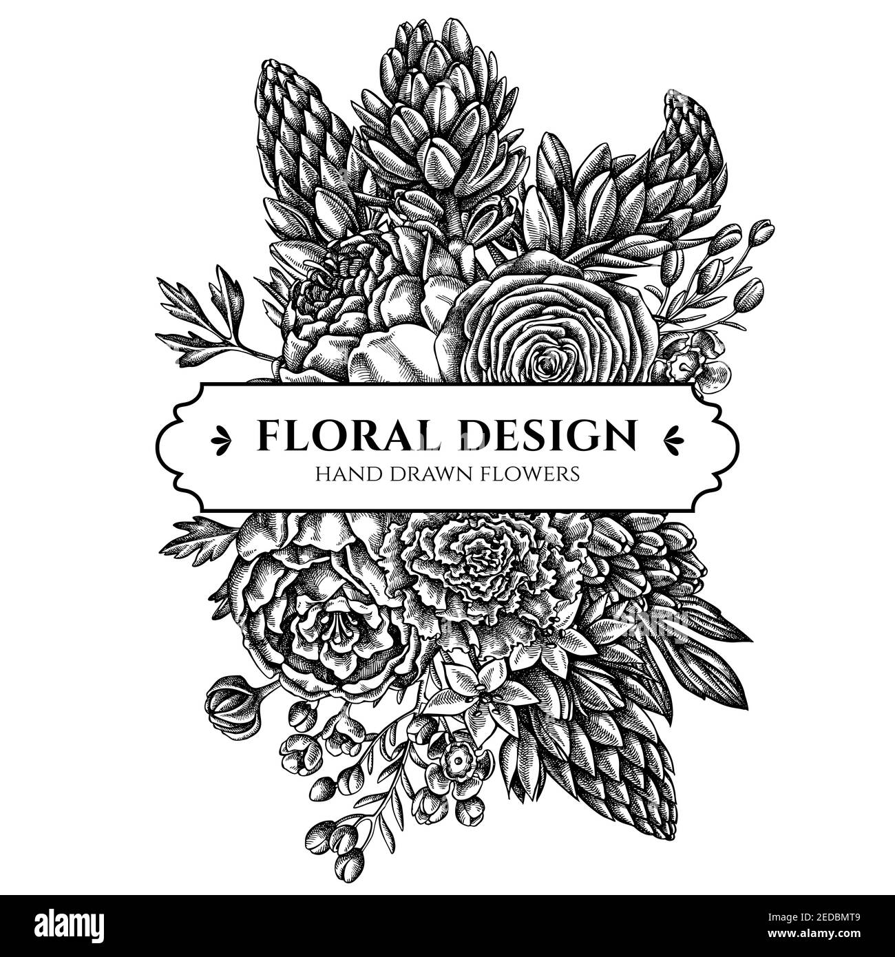Floral bouquet design with black and white peony, carnation, ranunculus, wax flower, ornithogalum, hyacinth Stock Vector