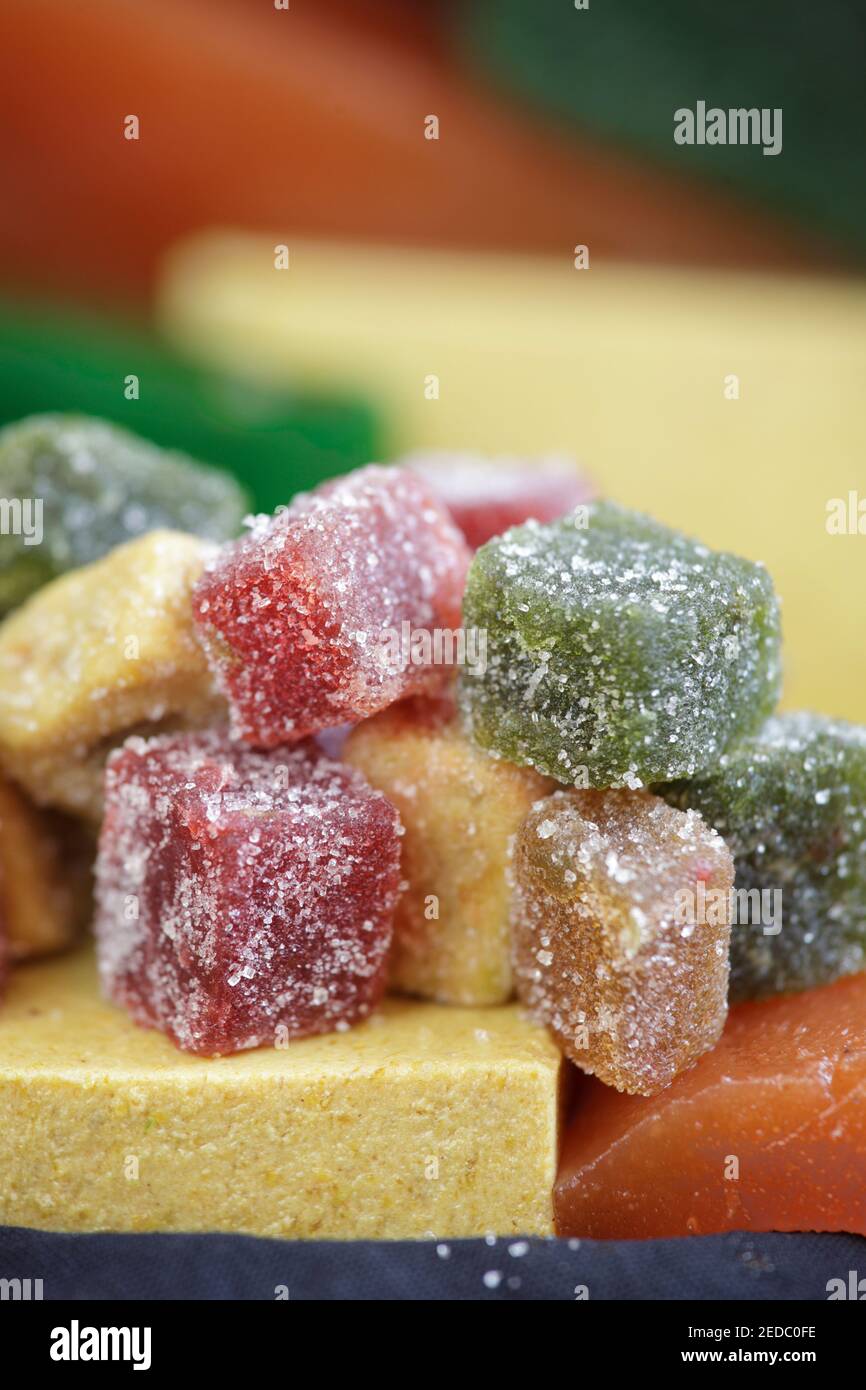 Candied fruit cubes called 'ate' in the candy market in Morelia, Michoacan, Mexico. Stock Photo