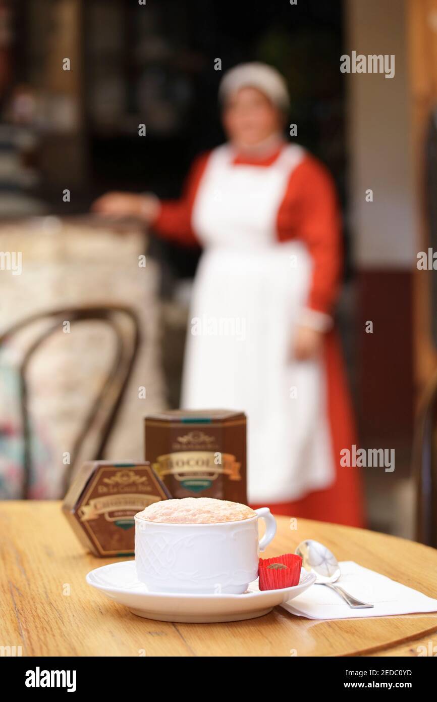 Hot chocolate at the cafe in the Candy Museum, or Museo de Dulces, in Morelia, Michoacan, Mexico. Stock Photo