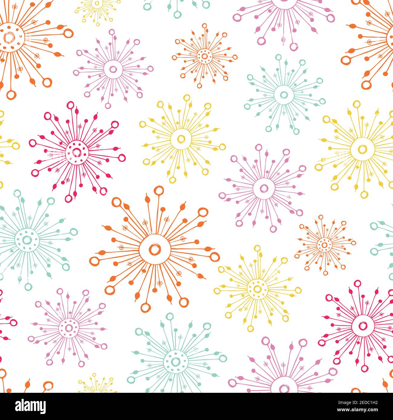 Dandelion seeds seamless vector pattern background. Abstract folk art style herbacious garden or field flowers on white backdrop. Hand drawn scribble Stock Vector