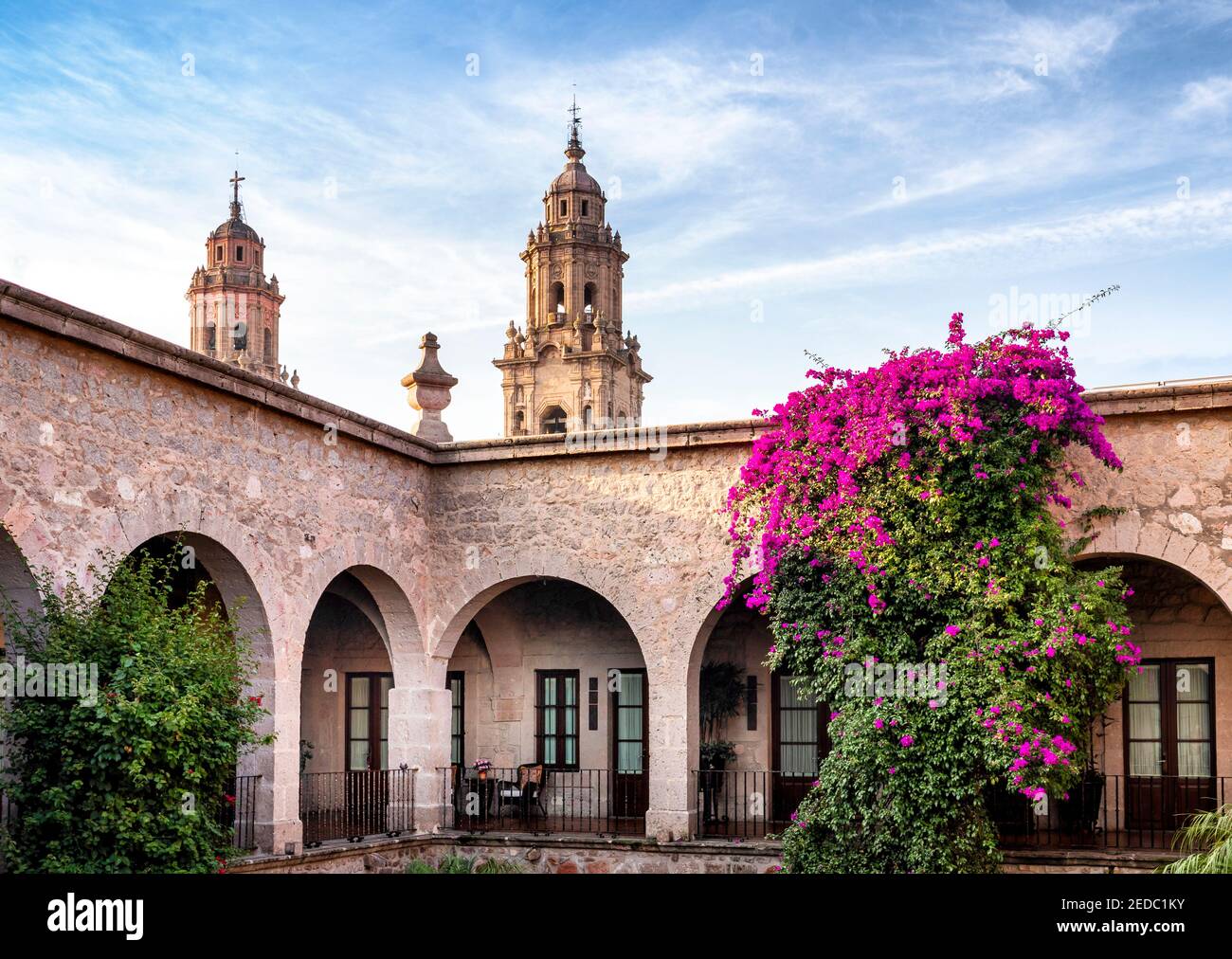 The colonial Hotel Soledad with the towers of the cathedral in the background, Morelia, Michoacan, Mexico. Stock Photo