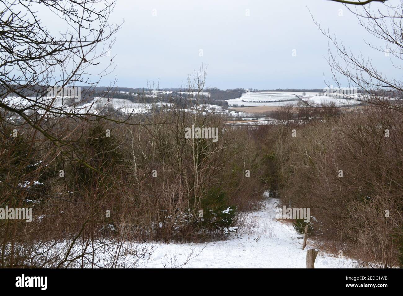 White Hill, Kent in February snow, looking west over Shoreham towards
