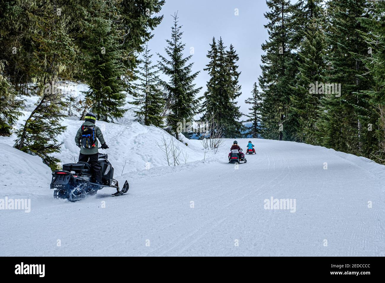Cle Elum, WA, USA January 23 2021 Snowmobile riders at Lake Kachess