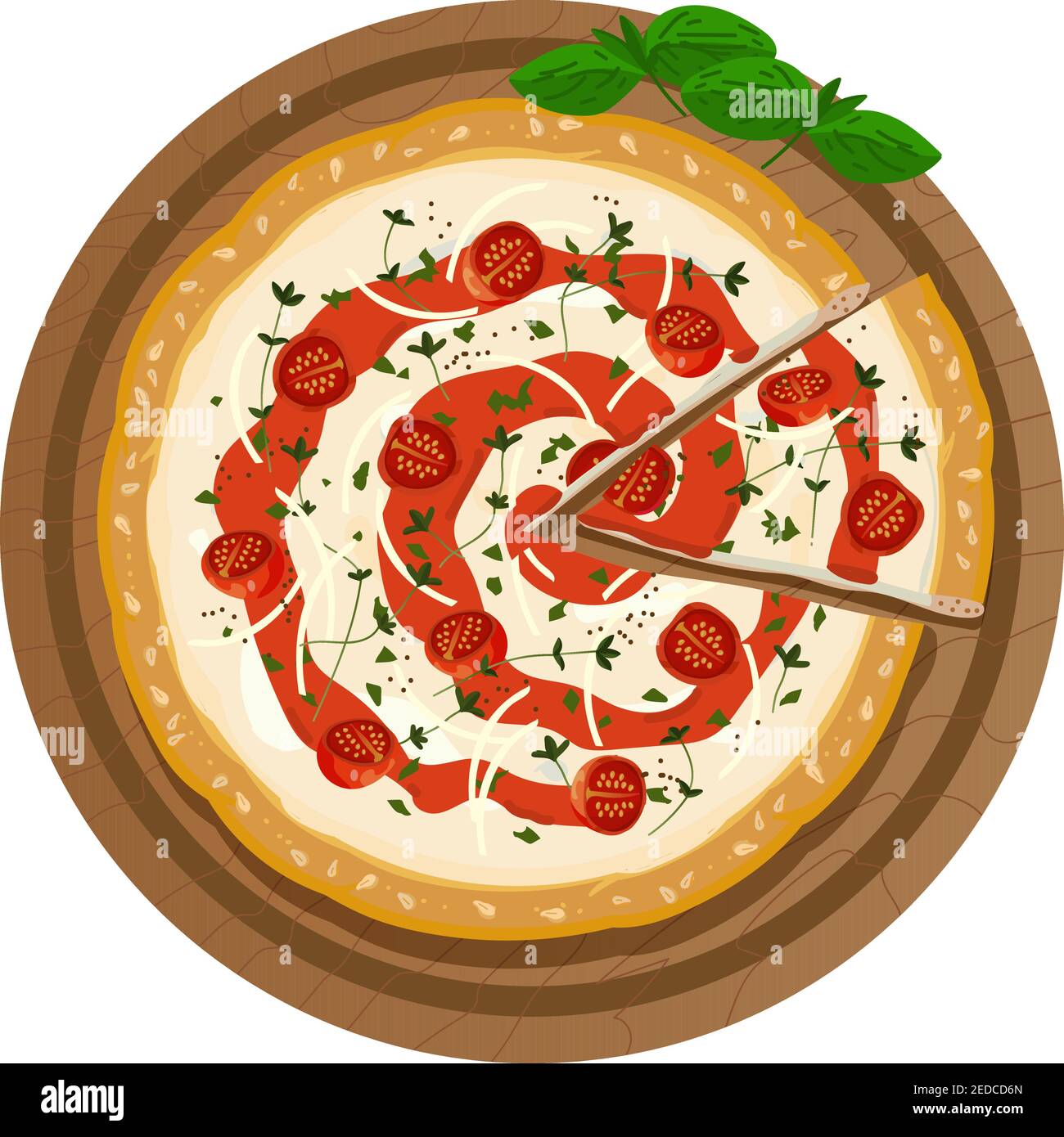 Pizza on a wooden plate with a cut slice. Served fresh pizza margarita with cheese, tomatoes, sauce, basil and sesame seeds on a crispy crust. Top vie Stock Vector