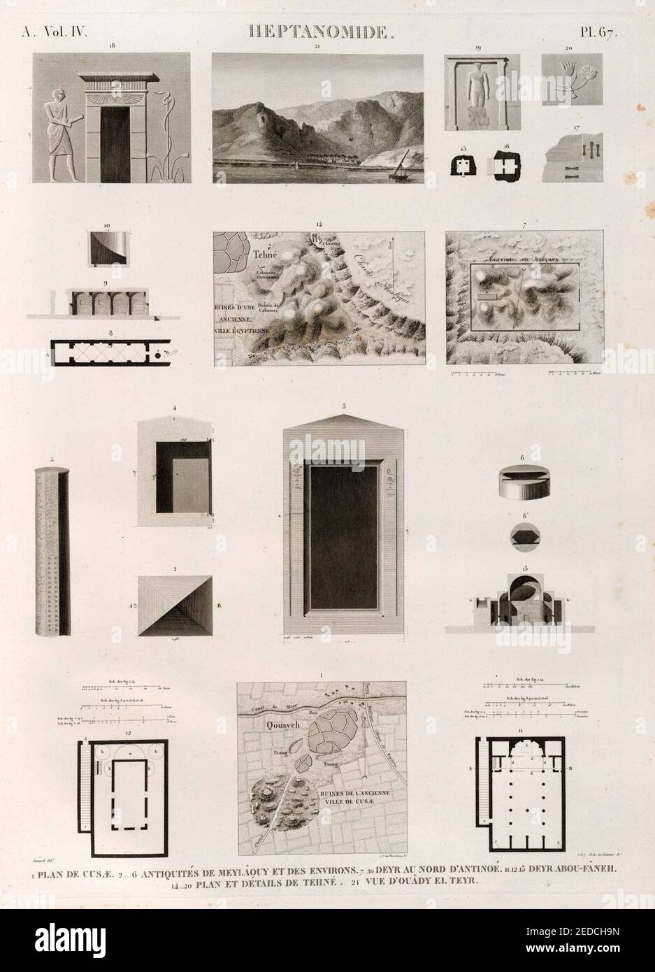 Heptanomide. 1. Plan de Cusae (El-Qusiya); 2-6. Antiquités de Meylâouy ...