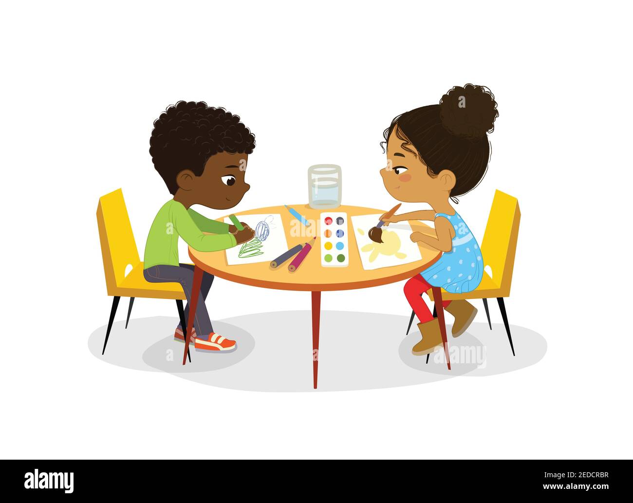African American Boy and Girl sit at the round table and draw picture with watercolor and pencils. Drawing activity in the art class. Boy and Girl Stock Vector