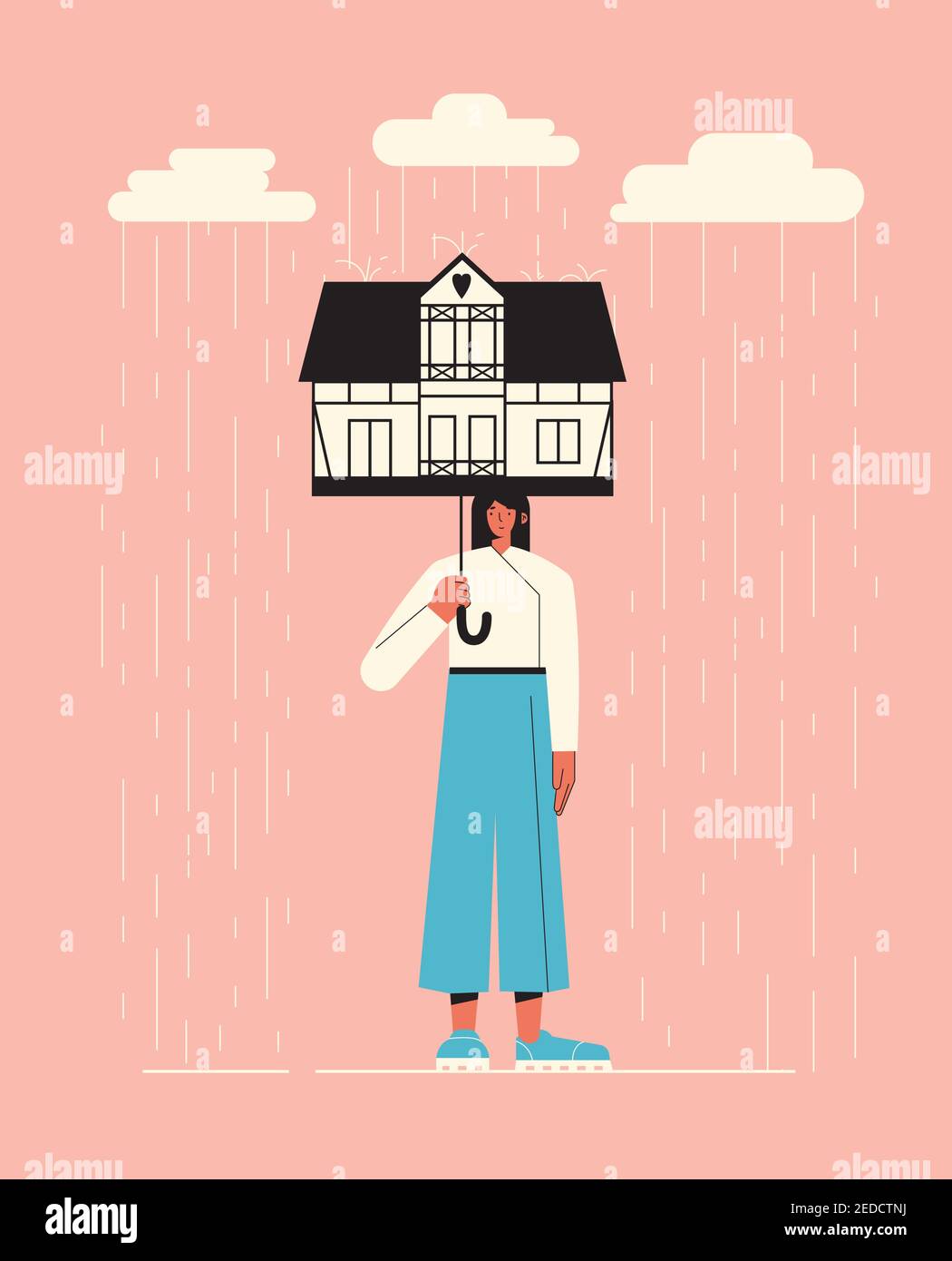 Vector Illustration of a girl under the umbrella on a rainy day. Flat