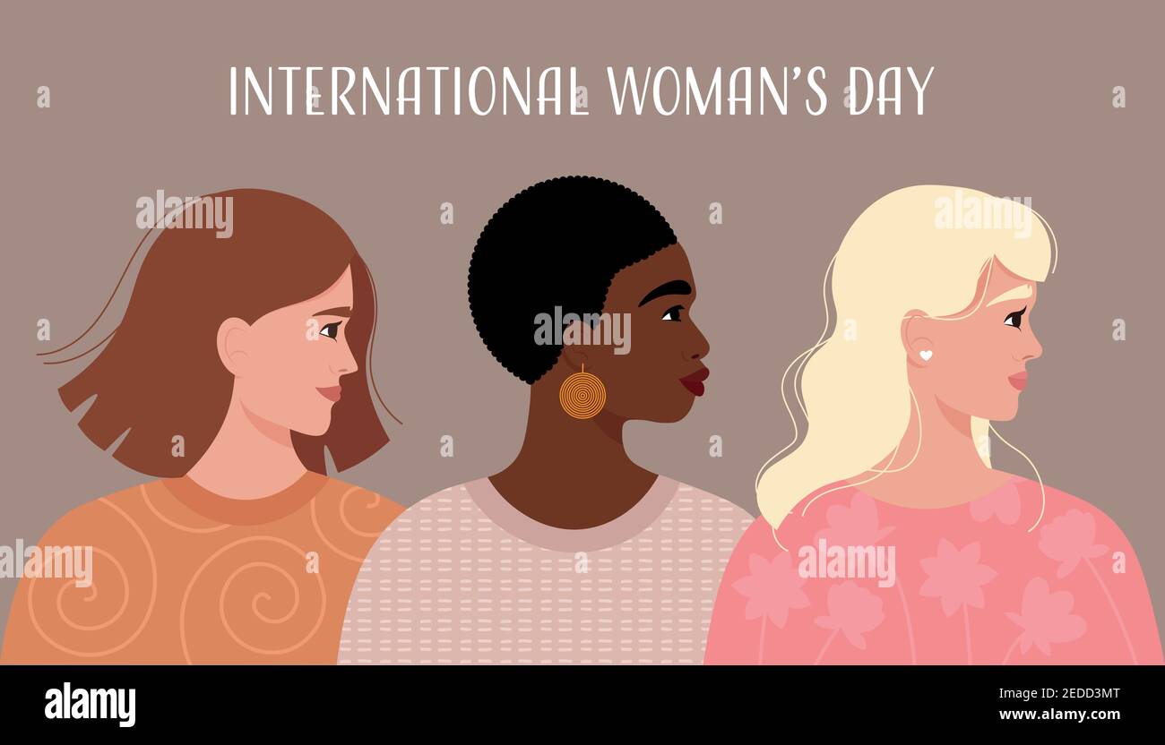International Women's Day card. Vector illustration with smiling different women's portraits in trendy flat style Stock Vector