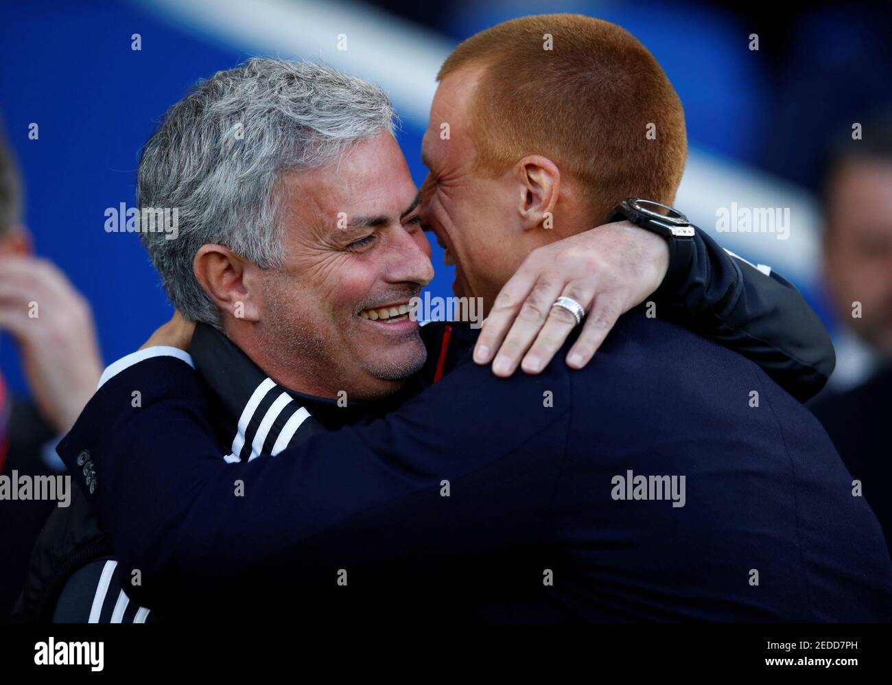 Soccer Football - Premier League - Brighton & Hove Albion v Manchester United - The American Express Community Stadium, Brighton, Britain - May 4, 2018   Manchester United manager Jose Mourinho and Brighton's Steve Sidwell before the match    REUTERS/Eddie Keogh    EDITORIAL USE ONLY. No use with unauthorized audio, video, data, fixture lists, club/league logos or 'live' services. Online in-match use limited to 75 images, no video emulation. No use in betting, games or single club/league/player publications.  Please contact your account representative for further details. Stock Photo