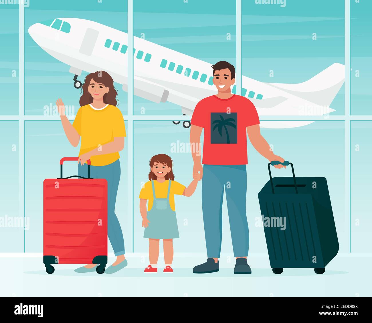 Family traveling at the airport with suitcases. Time to travel concept. Vector illustration in flat style Stock Vector