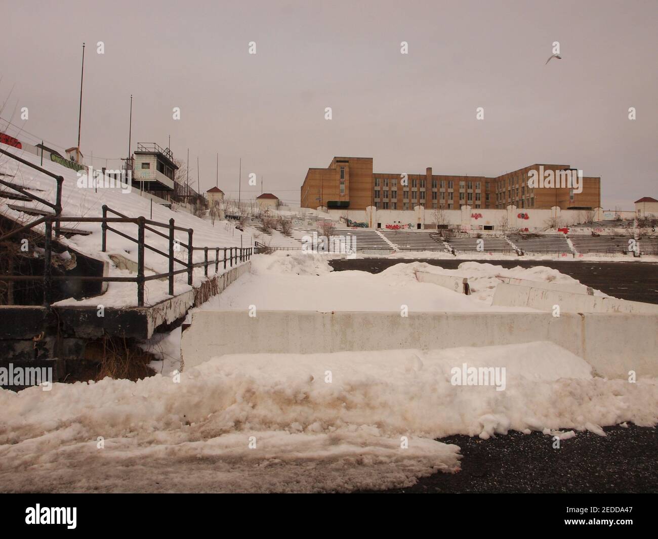 Snow covered Hinchliff stadium in Paterson, New Jersey. Now under control of the National Park Service along with the Great Falls nearby. Stock Photo
