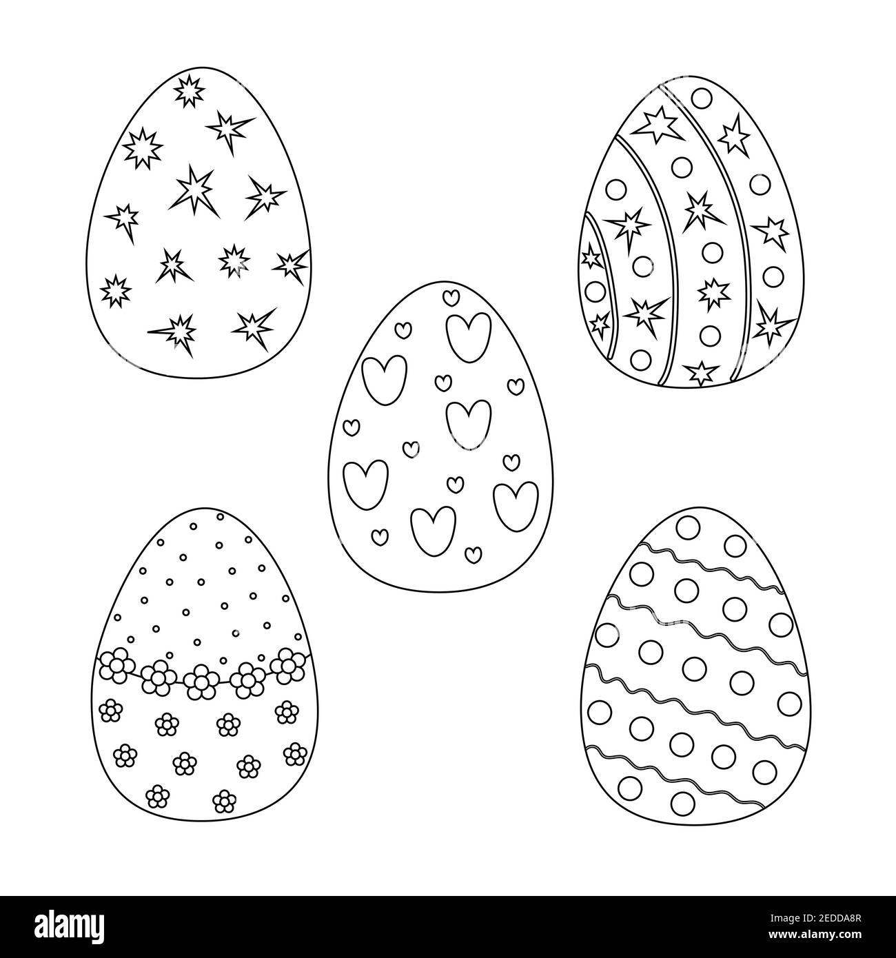 Easter holiday symbol outline decorated eggs set in simple doodle vector illustration for spring festive time decor, coloring page, greeting cards, in Stock Vector