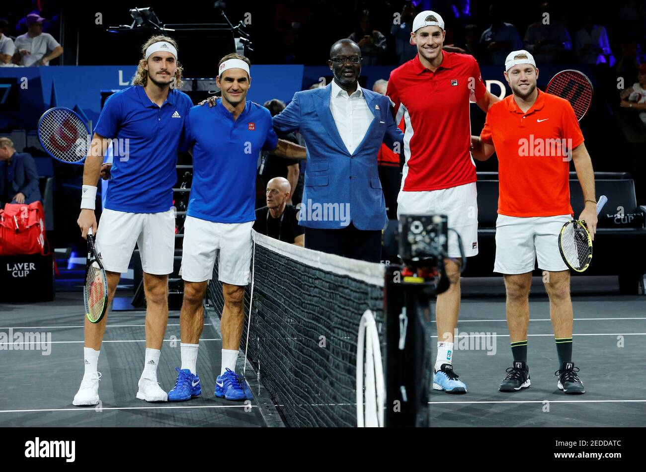 Tennis - Laver Cup - Palexpo, Geneva, Switzerland - September 22, 2019 Team  Europe's Stefanos Tsitsipas and Roger Federer pose for a photo with Team  World's John Isner and Jack Sock before