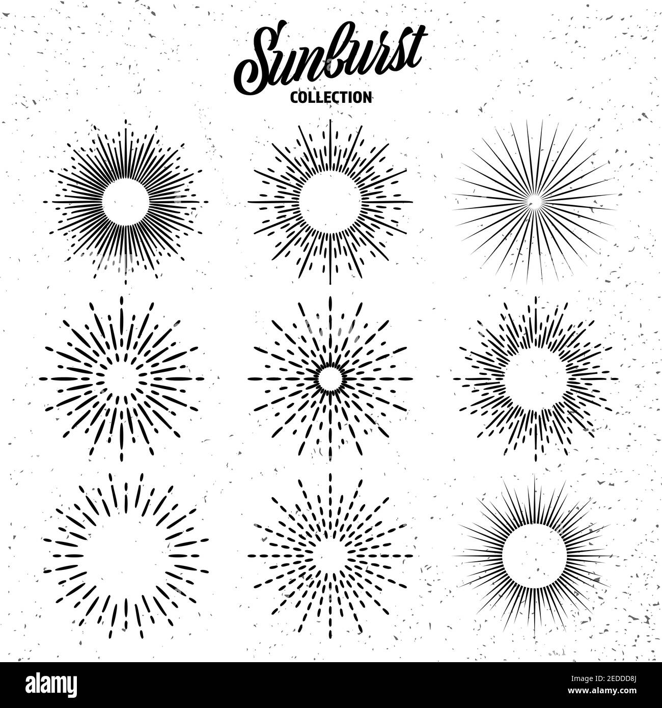 Vintage grunge sunburst collection. Bursting sun rays. Fireworks. Logotype or lettering design element. Radial sunset beams. Vector illustration. Stock Vector