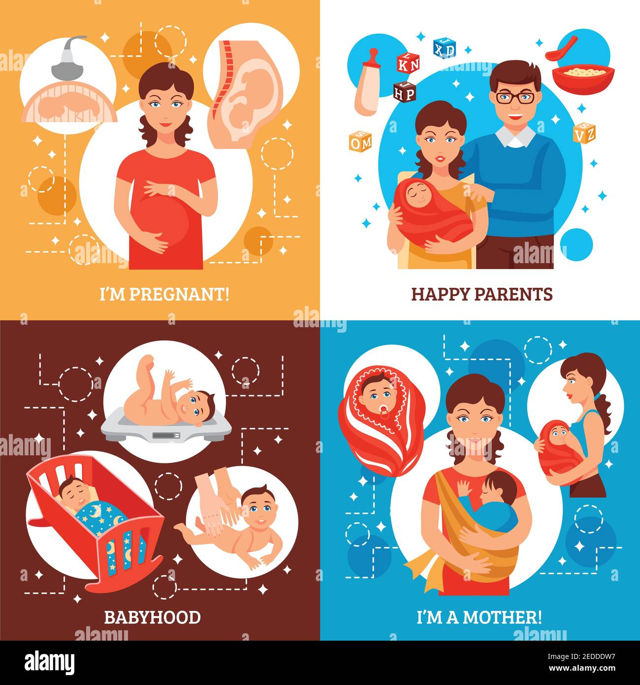 Parents concept icons set with pregnancy and motherhood symbols flat ...