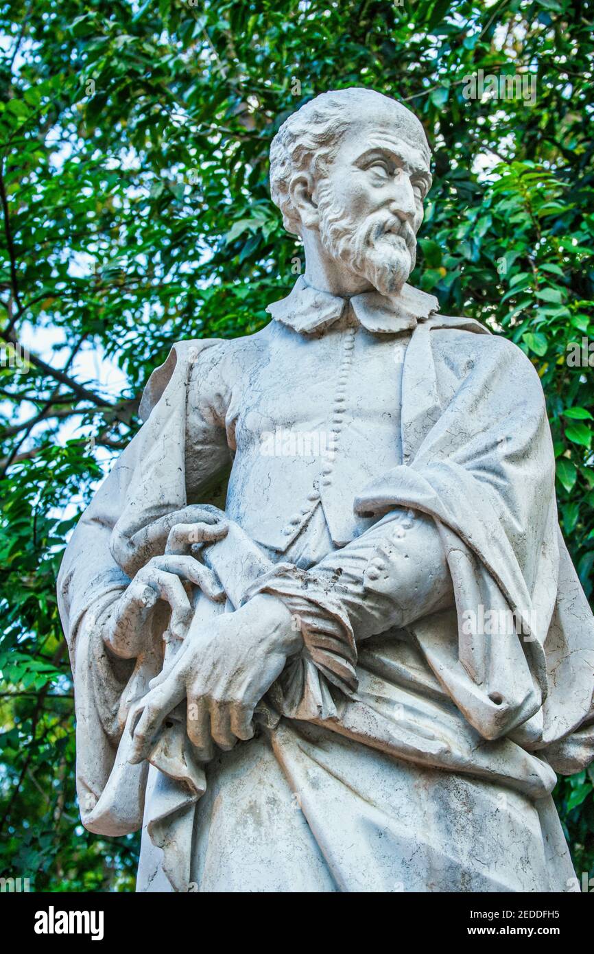 Stone statue of Christopher Columbus in a garden of Villa Vizcaya in Miami, Florida Stock Photo