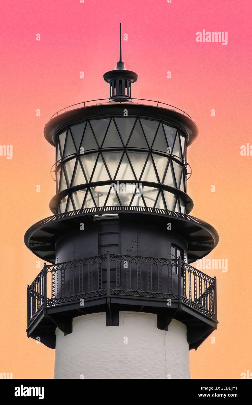 Special effect sky view of the top of the 19th century Cape Florida Lighthouse on Key Biscayne near Miami, Florida. Stock Photo