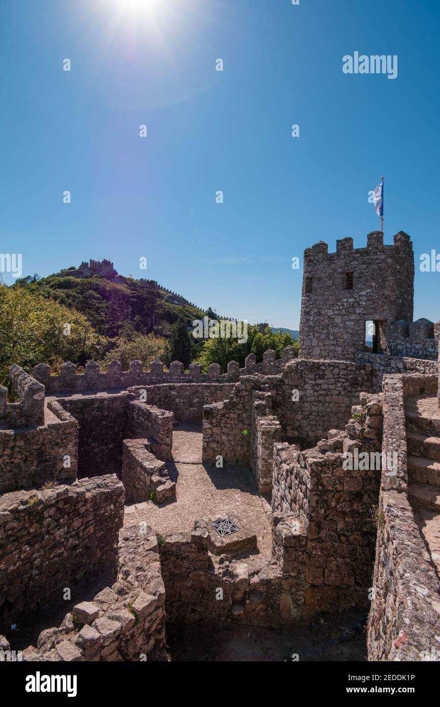 Castelo dos Mouros; a medieval castle sitting atop the forested hills of Sintra, less than 1 hour from the Portuguese capital of Lisbon. Stock Photo