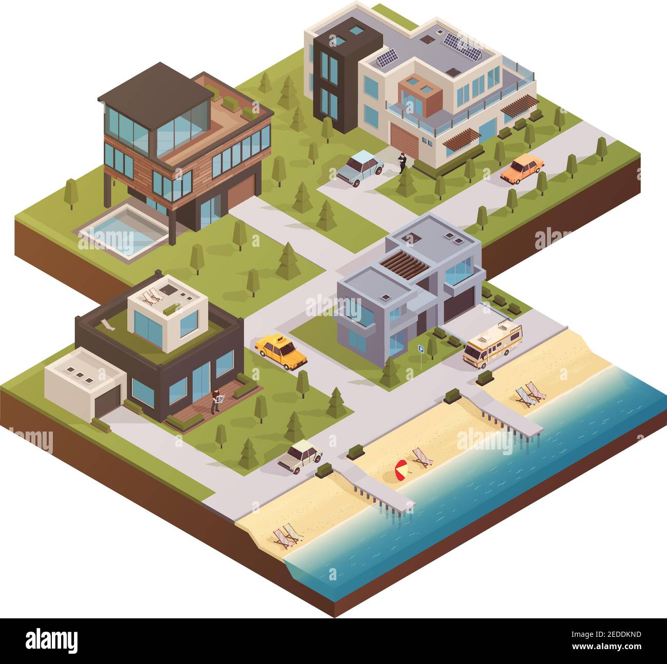 Isometric house concept with private residence neighborhood country estate buildings yards with trees cars and people vector illustration Stock Vector