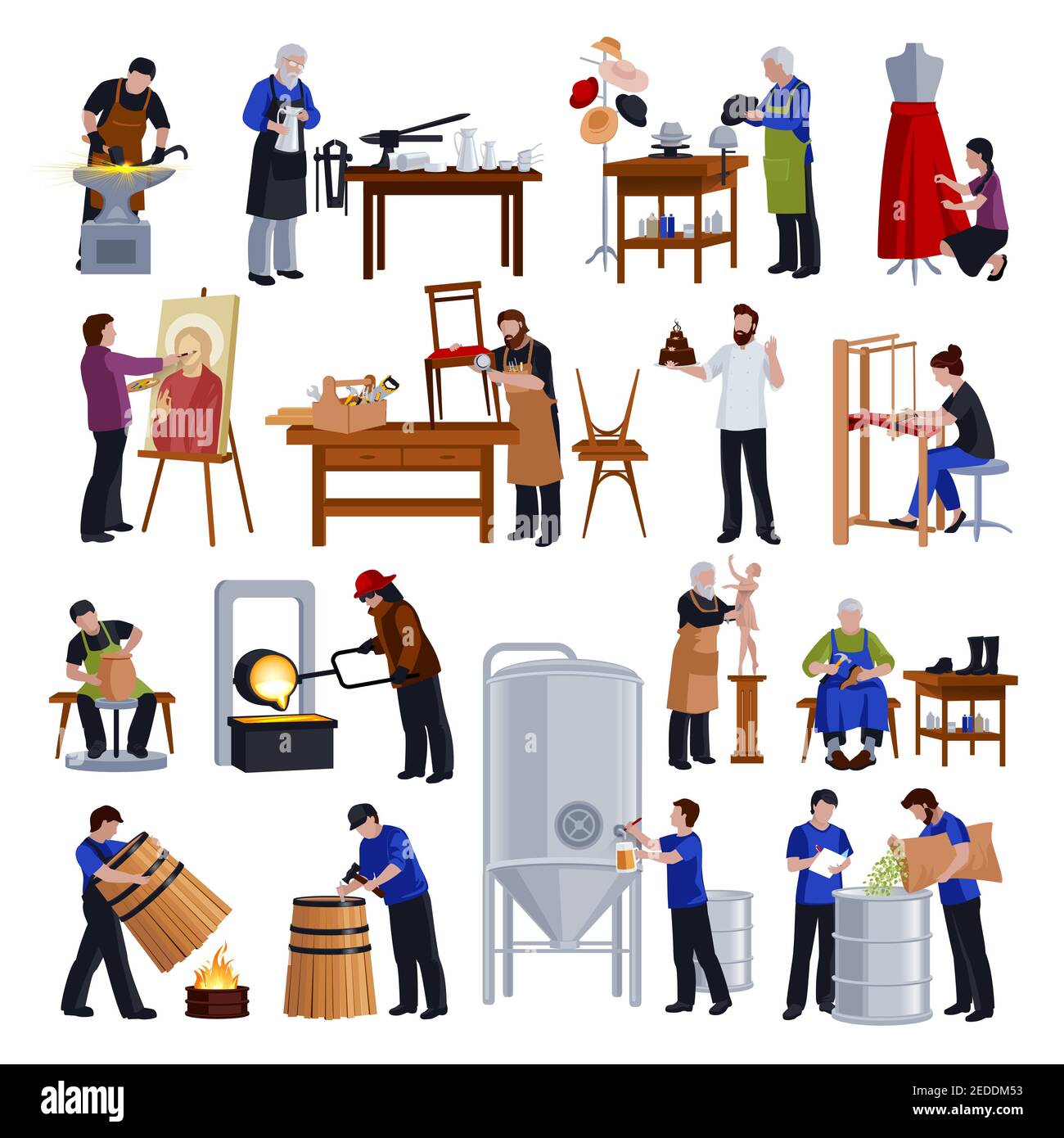 Traditional crafts and craftspeople at work flat icons collection with tailor weaver blacksmith and shoemaker vector illustration Stock Vector