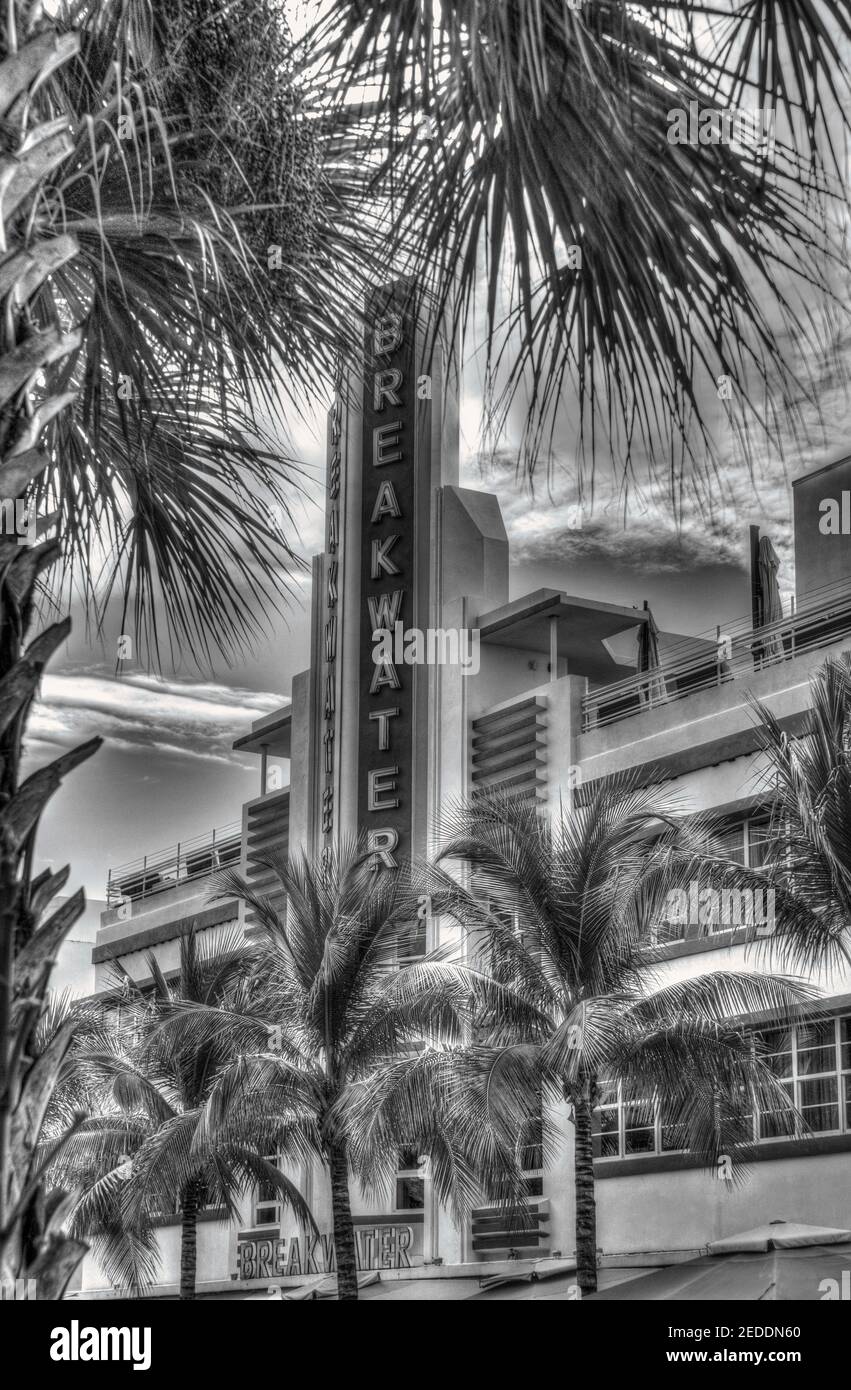 Copper tone image of the Breakwater, an Art Deco hotel, on Ocean Drive along South Beach in
