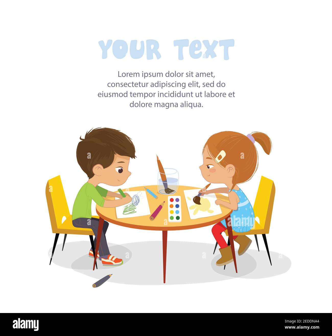 Brown hair Boy and Girl sit in profile at the round table and draw picture with watercolor and pencils. Drawing activity in the art class. Boy and Stock Vector