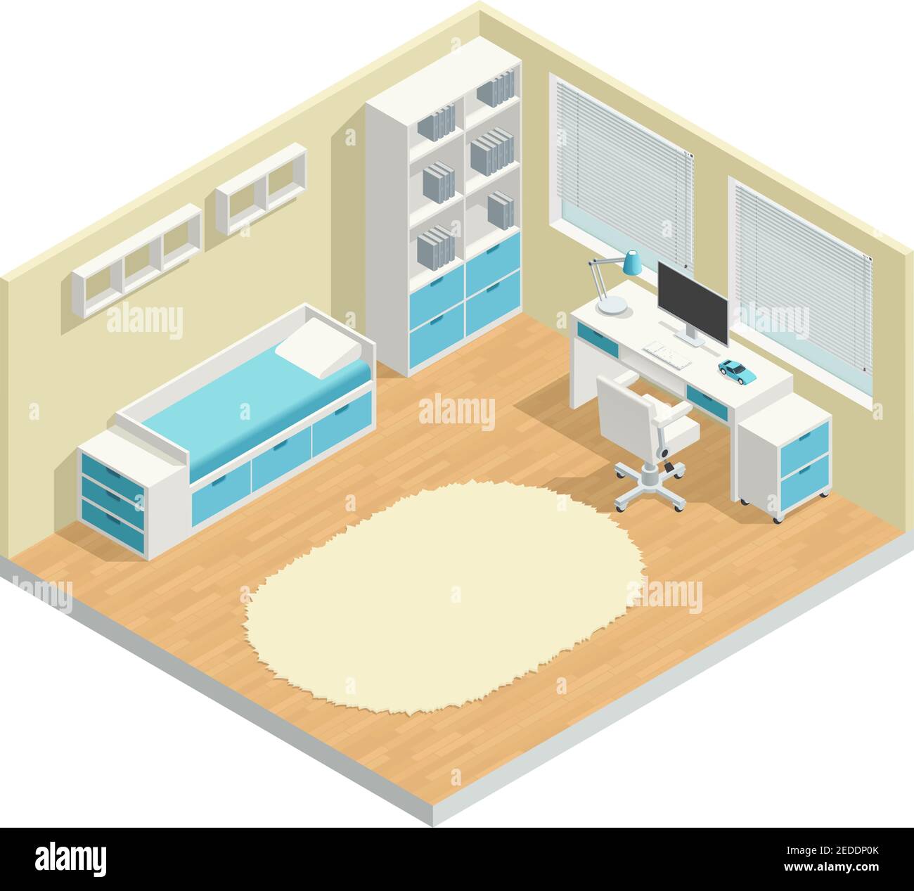 Kids room isometric composition with computer chair and lamp vector ...