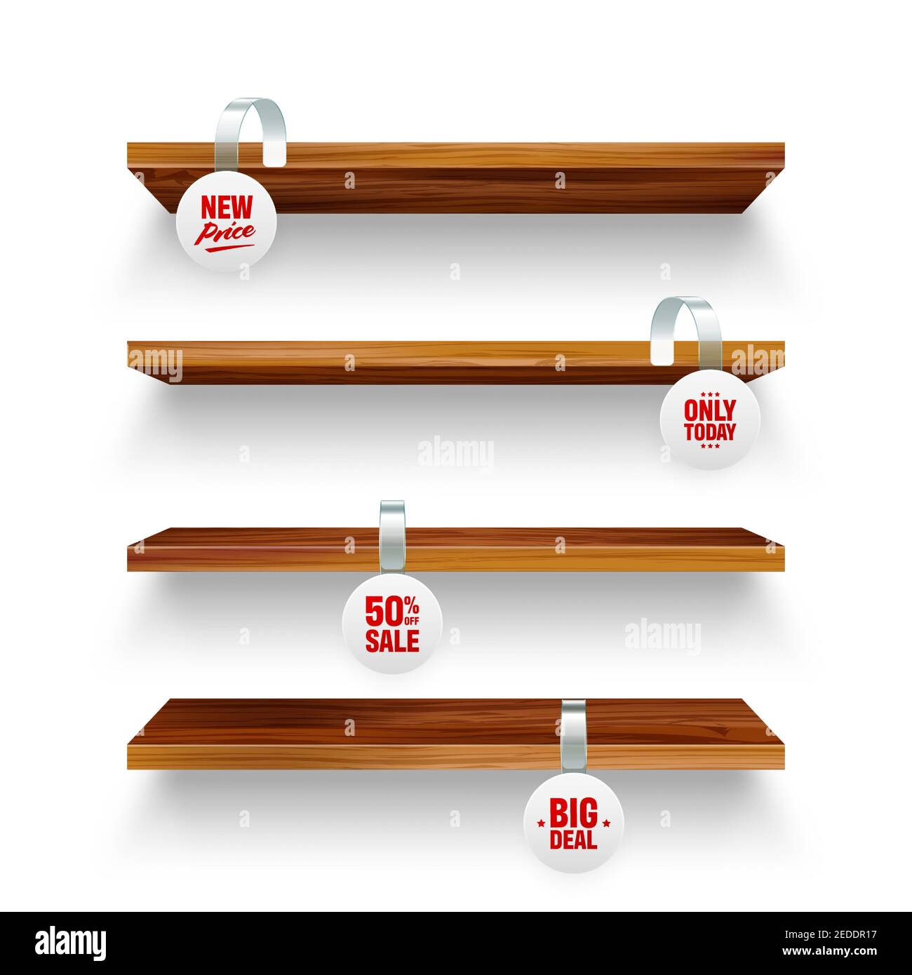 Wooden store shelves and supermarket promotional wobblers isolated on