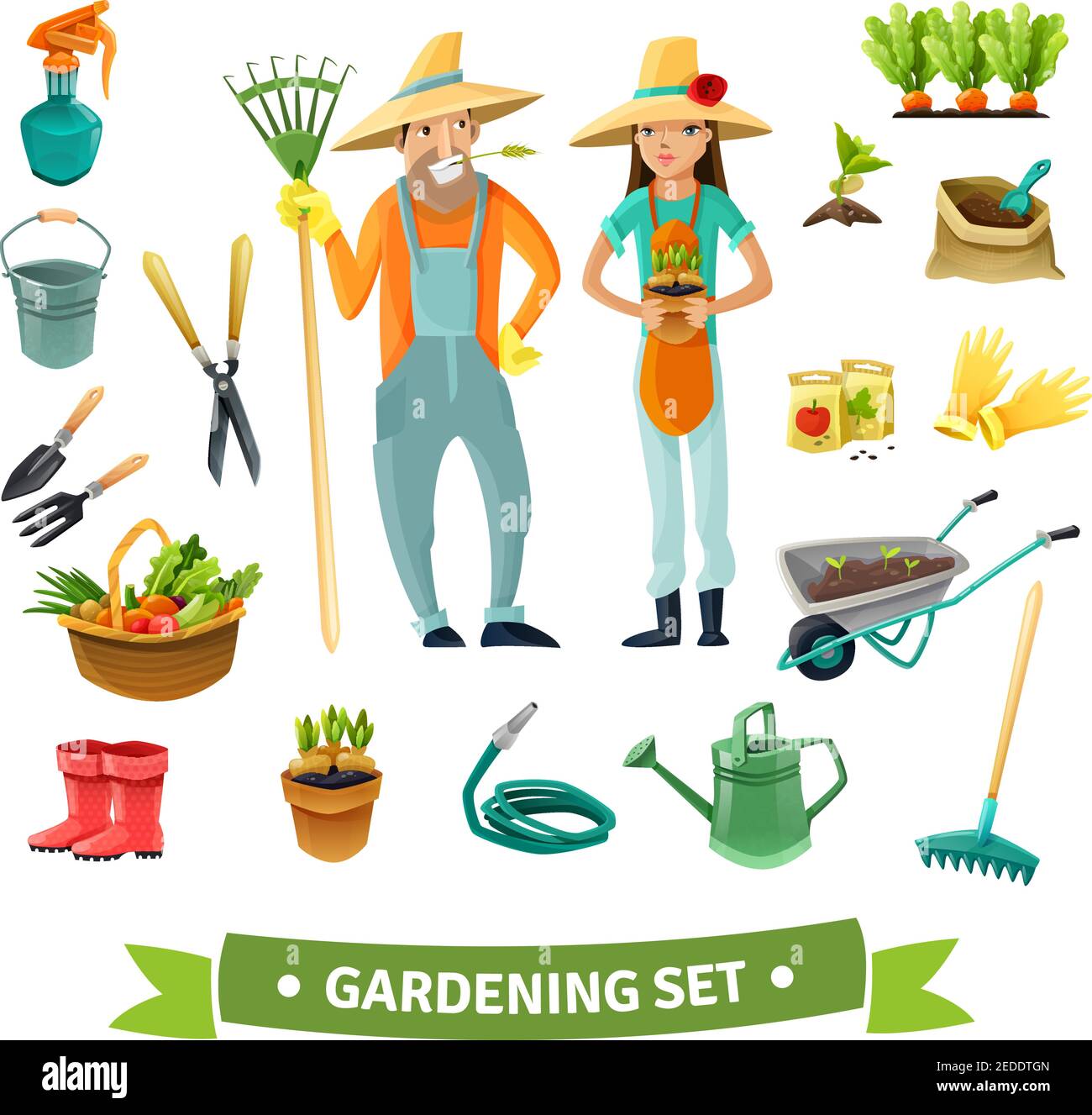 Gardening cartoon set with people harvest and equipment isolated vector illustration Stock Vector