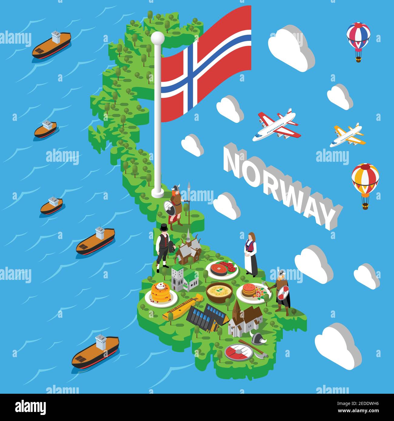 Norwegian isometric map with cultural symbol sand popular seafood meals sightseeing touristic poster abstract vector illustration Stock Vector