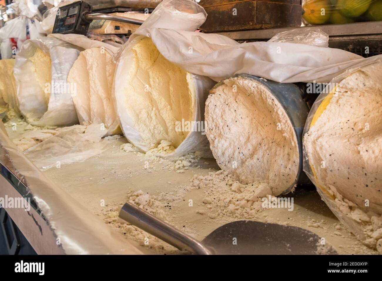 Traditional Turkish goat's milk cheese Tulum peyniri. Stock Photo