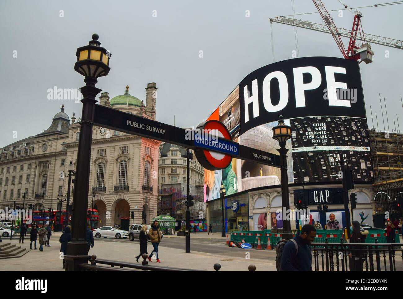 London, UK. 14th Feb, 2021. A 'Hope' message displayed in Piccadilly Circus, London.As most businesses remain closed in the capital, the government plans to begin easing the lockdown restrictions in the coming weeks. Credit: SOPA Images Limited/Alamy Live News Stock Photo