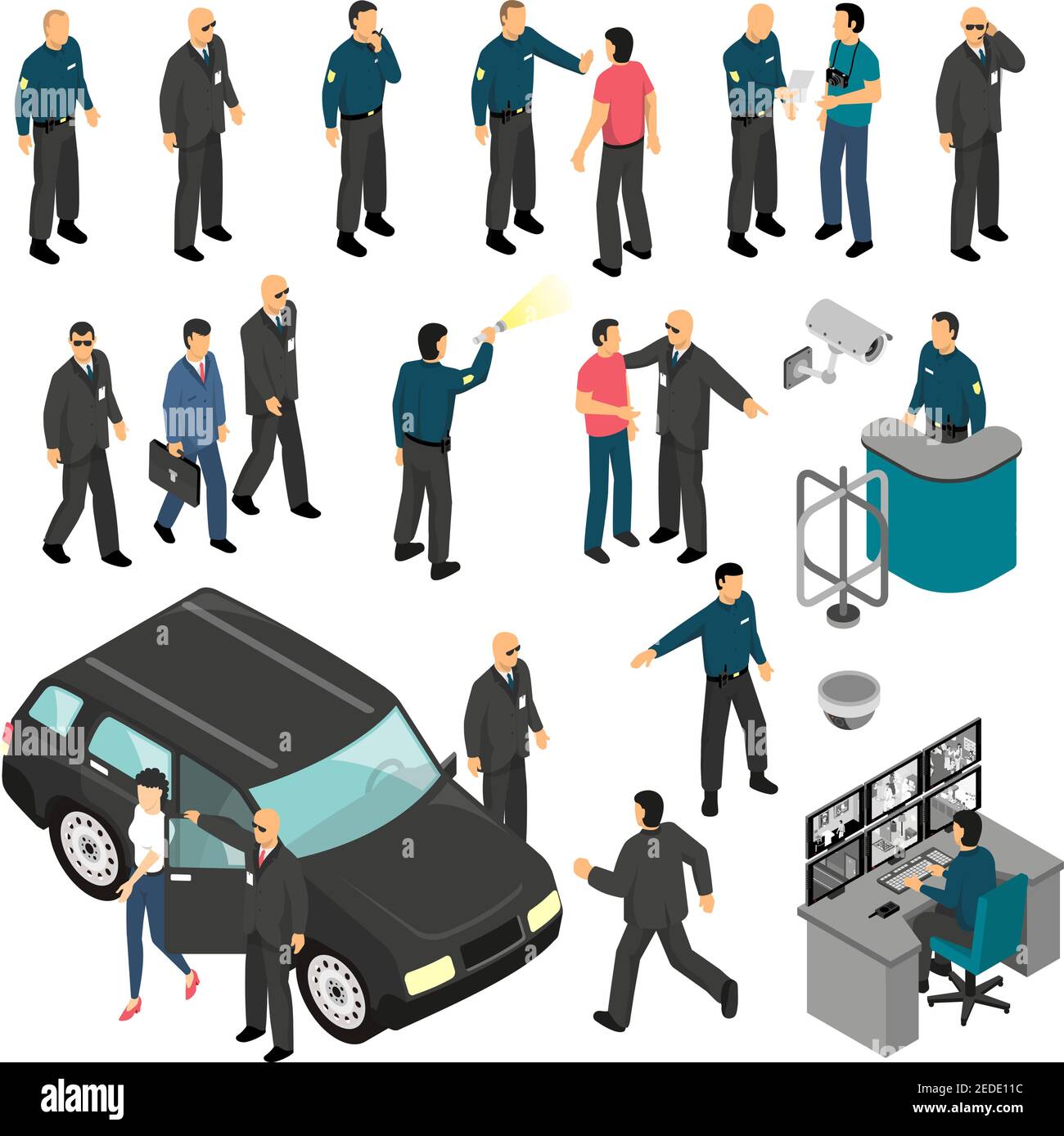 Security isometric set with personal guards and professional equipment checkpoint and surveillance system isolated vector illustration Stock Vector
