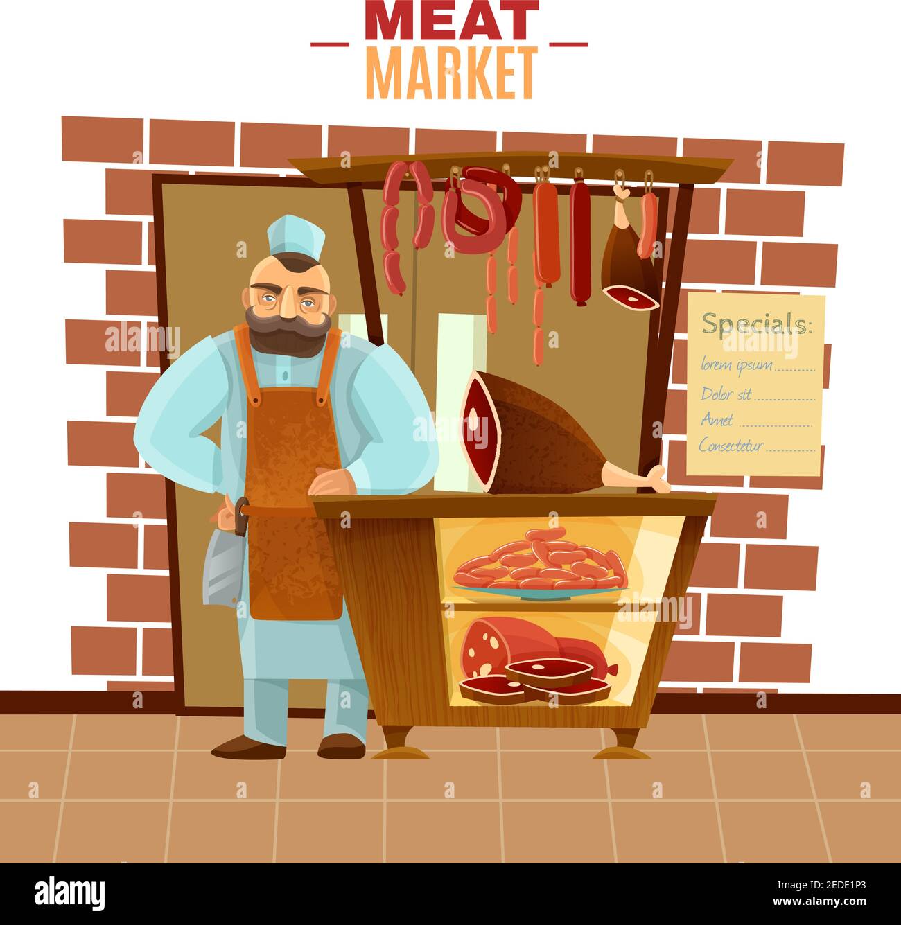 Butcher and meat market with sausages beef and bacon cartoon vector