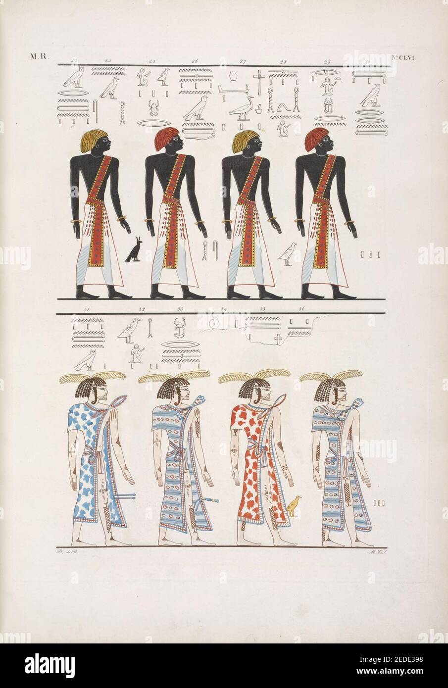 Le diverse specie di uomini noti agli Egizi, rappresentati nella tomba di Menphtah I (Seti I) I primi figurano li stessi Egiziani; e a tutti succede il dio Horus custode dell'umana stirpe Stock Photo