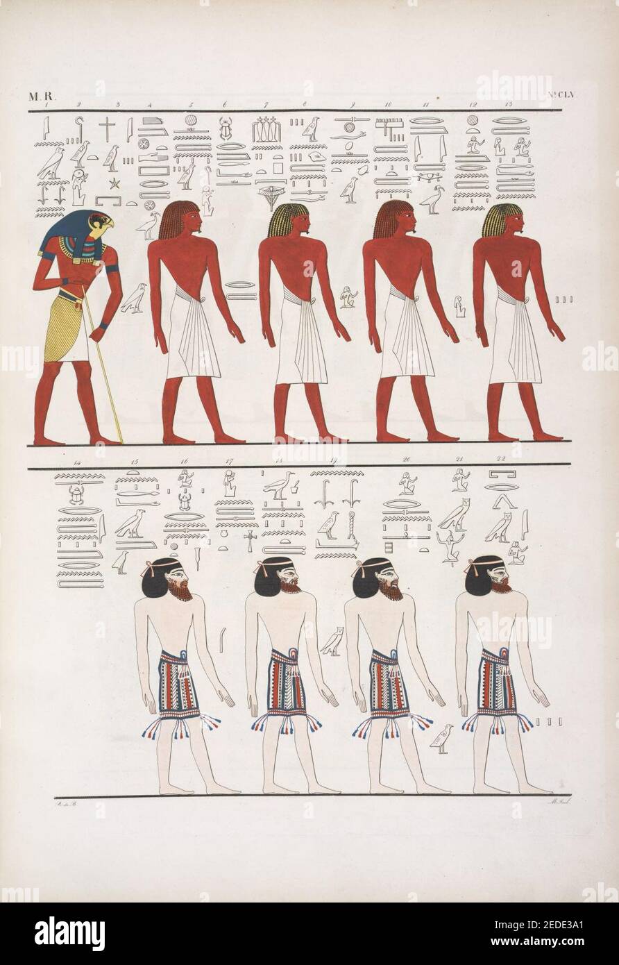 Le diverse specie di uomini noti agli Egizi, rappresentati nella tomba di Menphtah I (Seti I) I primi figurano li stessi Egiziani; e a tutti succede il dio Horus custode dell'umana stirpe Stock Photo