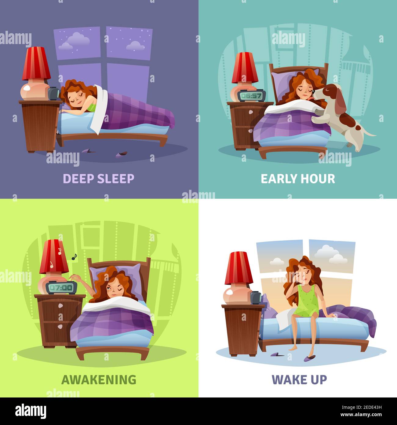 Morning awakening 2x2 design concept with cartoon compositions with young  girl from deep sleep to wake up flat vector illustration Stock Vector Image  & Art - Alamy