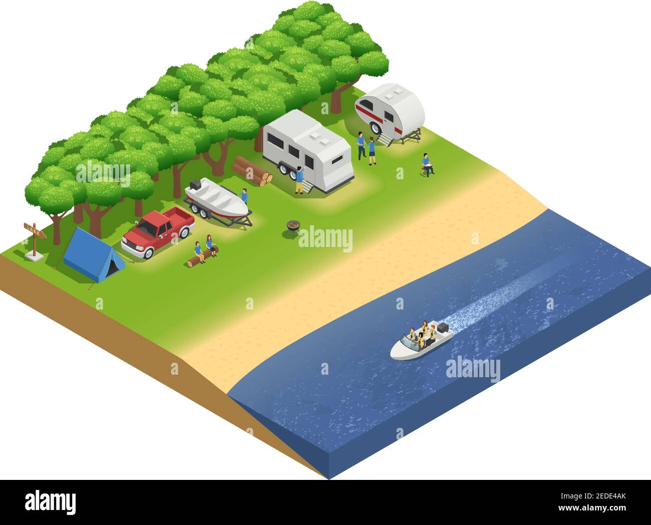 Recreational vehicles on beach isometric composition with people and boat vector illustration Stock Vector