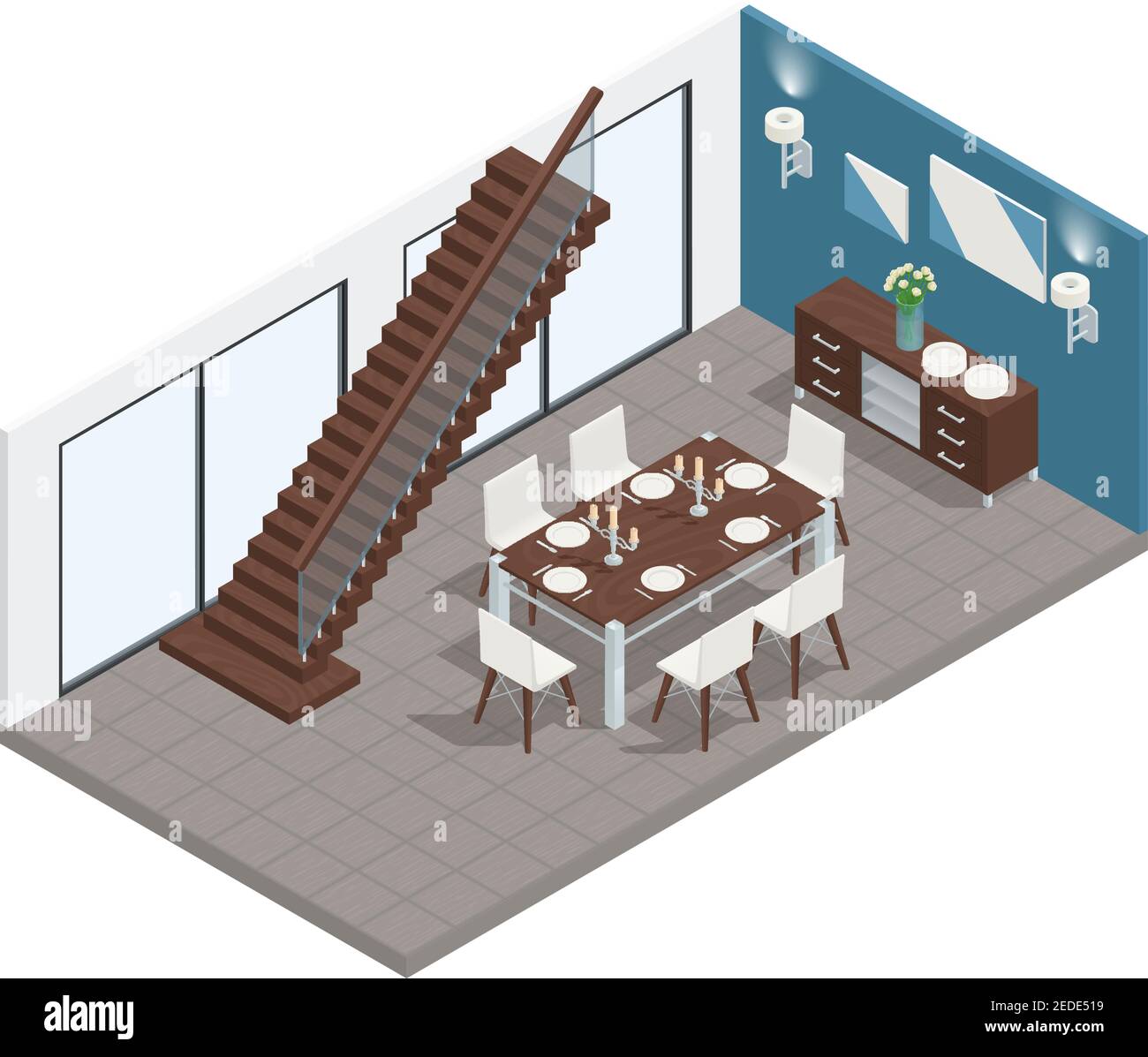 Dining room isometric concept with stairs table and chairs vector