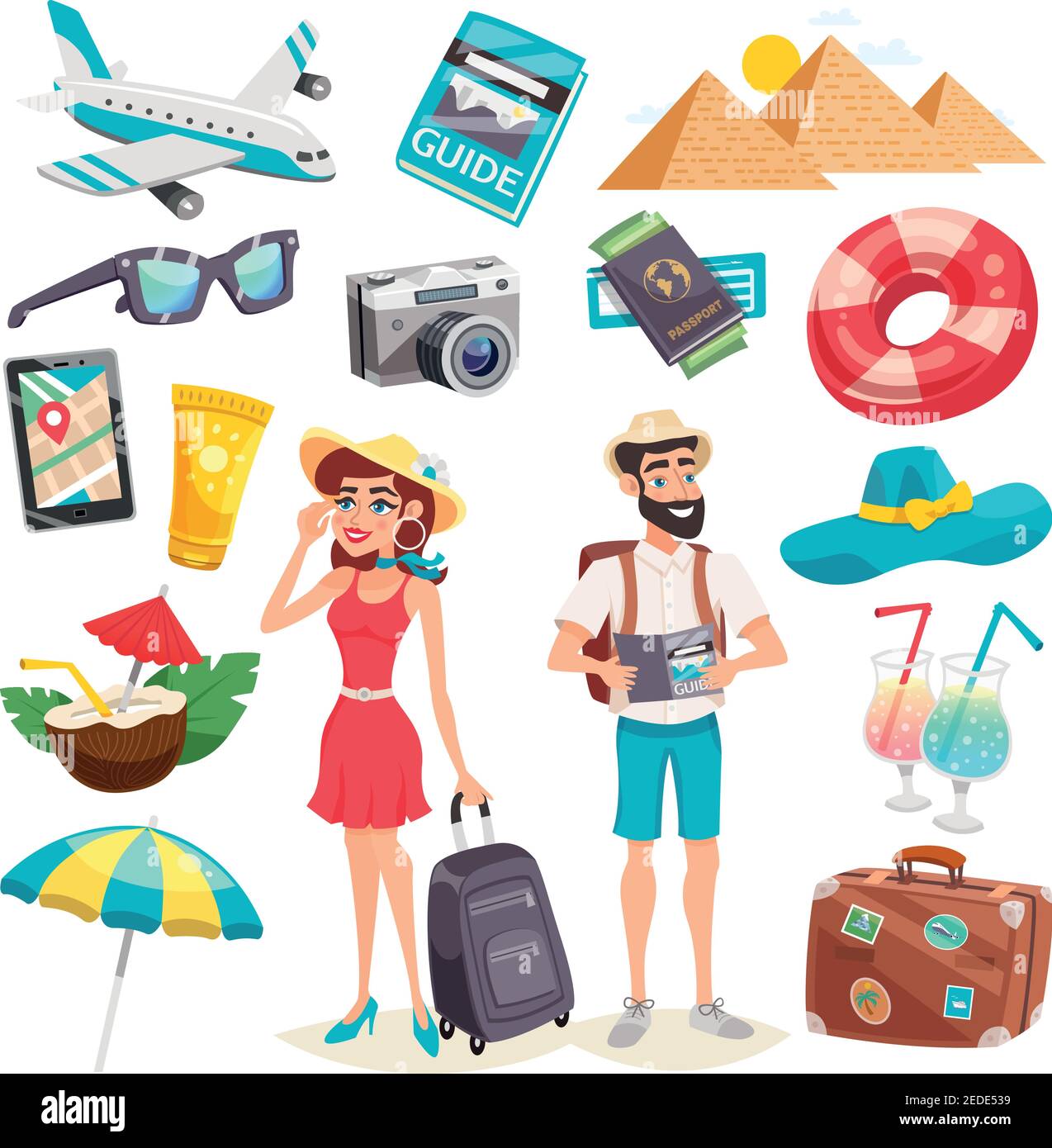 Summer holiday icons set with tourists luggage airplane mobile device egyptian pyramids and cocktails isolated vector illustration Stock Vector