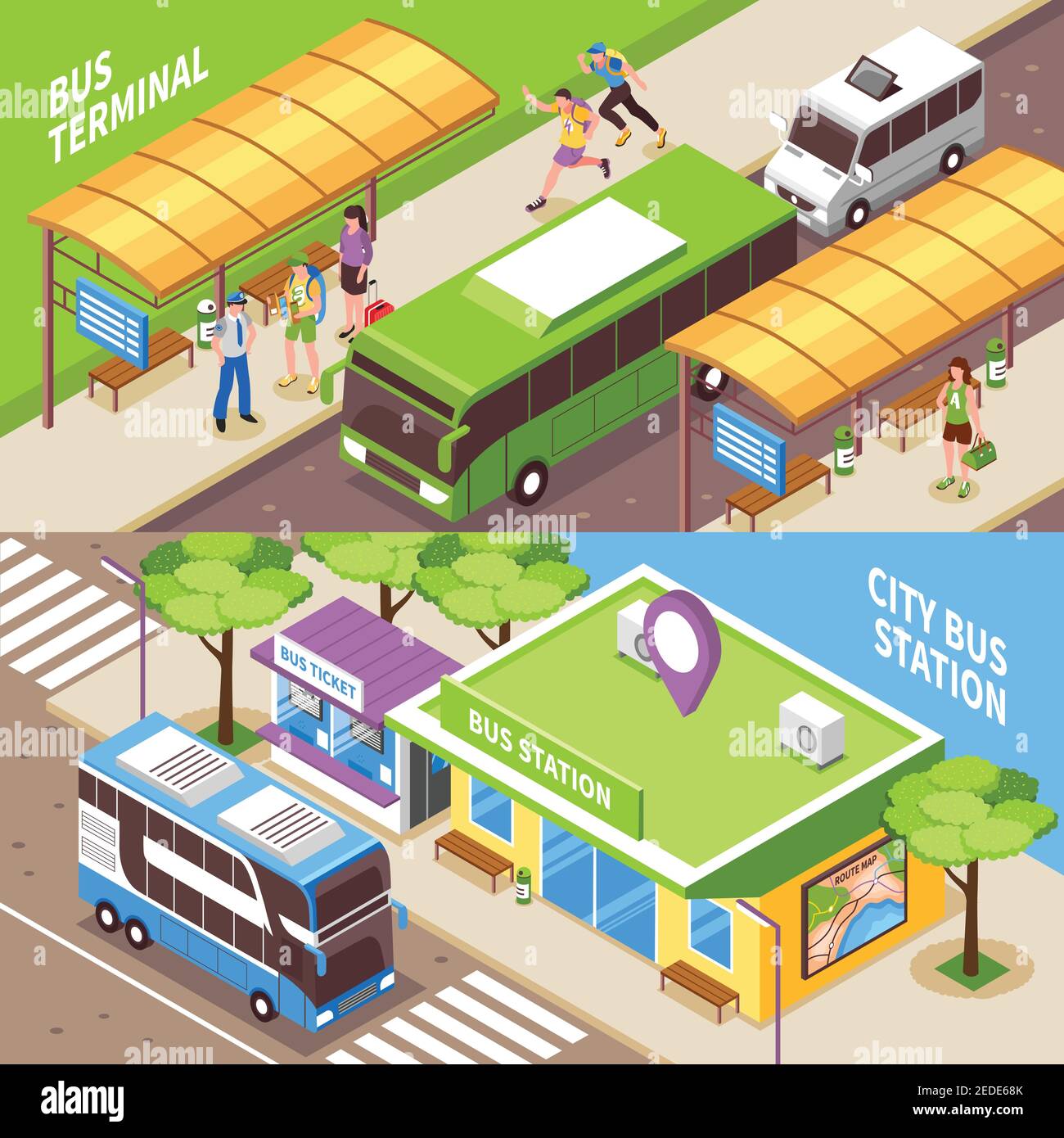 Isometric horizontal banners with terminal of automobile public ...