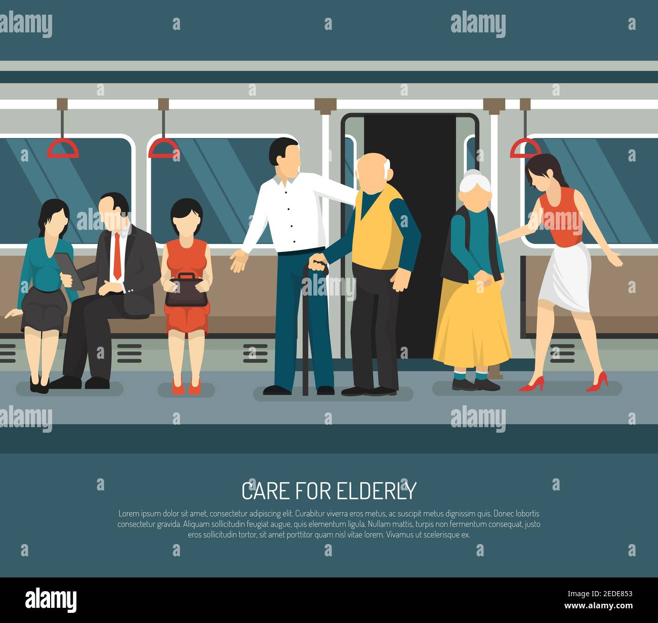 Care for elderly scene in subway car  with young man and woman helping old passengers vector illustration Stock Vector