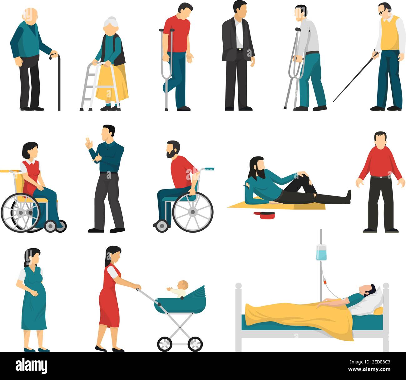 Set of disabled people including blind deaf injured and elderly persons