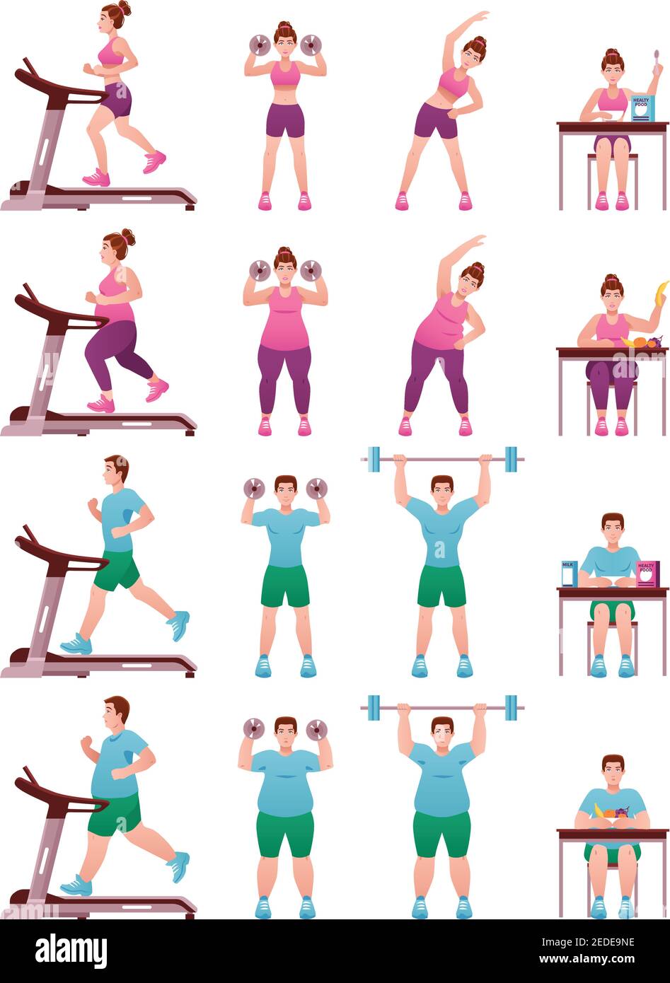 Isolated fat slim fitness people icon set with women and men in gym on treadmill and with shells