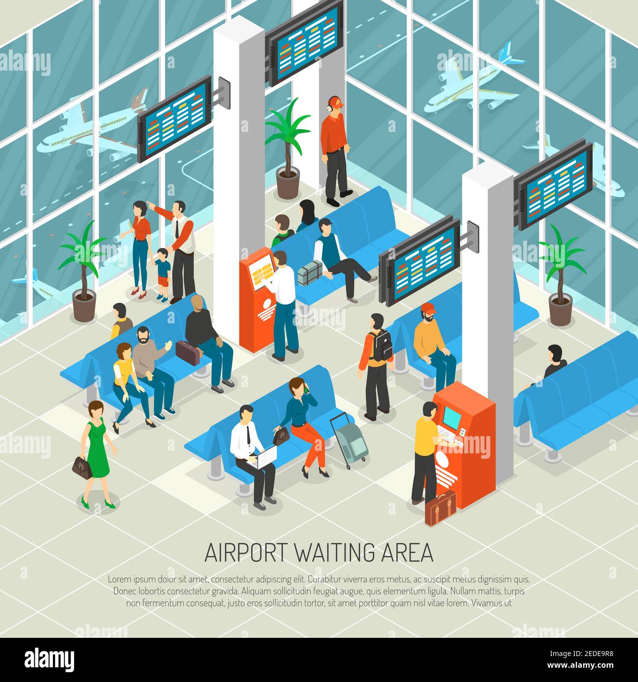 Airport waiting area with travelers and luggage information boards airplanes behind windows interior elements isometric vector illustration Stock Vector