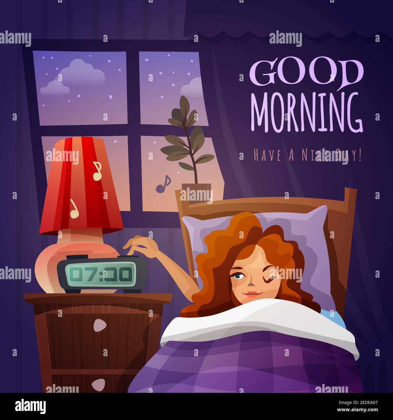 Good morning design composition with awakening cartoon girl and ...