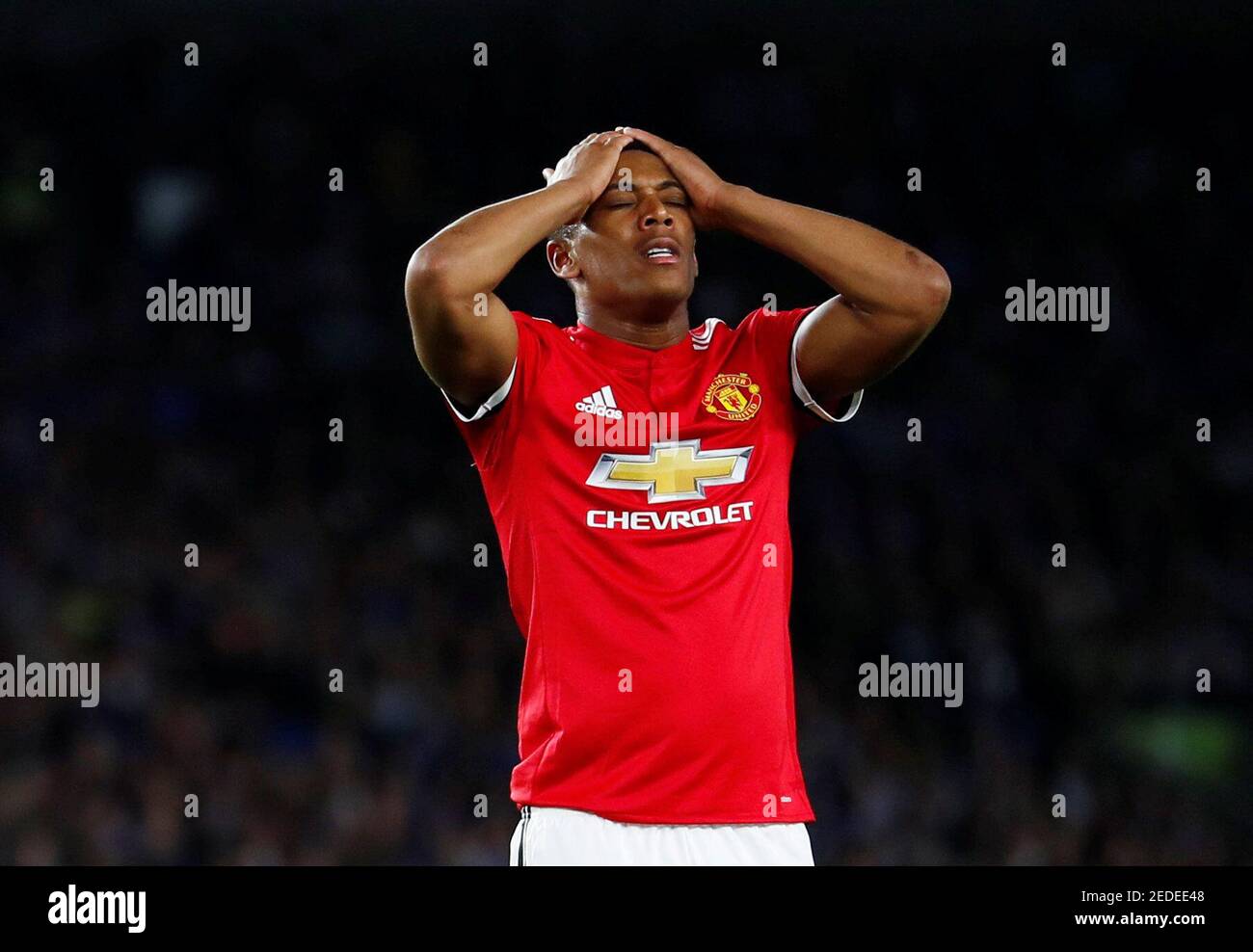 Soccer Football - Premier League - Brighton & Hove Albion v Manchester United - The American Express Community Stadium, Brighton, Britain - May 4, 2018   Manchester United's Anthony Martial reacts after a missed chance   REUTERS/Eddie Keogh    EDITORIAL USE ONLY. No use with unauthorized audio, video, data, fixture lists, club/league logos or 'live' services. Online in-match use limited to 75 images, no video emulation. No use in betting, games or single club/league/player publications.  Please contact your account representative for further details. Stock Photo