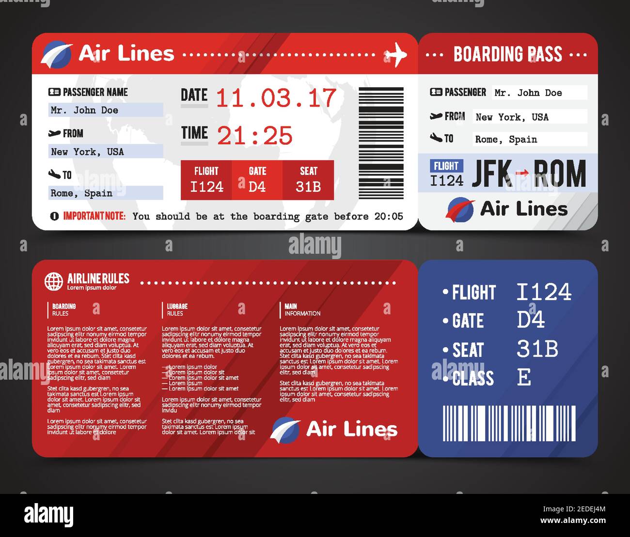 Colored and realistic boarding pass design composition with name of